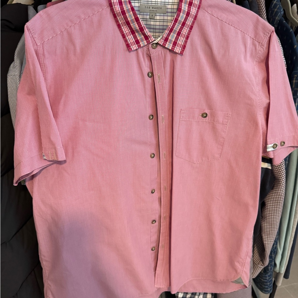 Ted Baker Pink Check Collar Short Sleeve Shirt